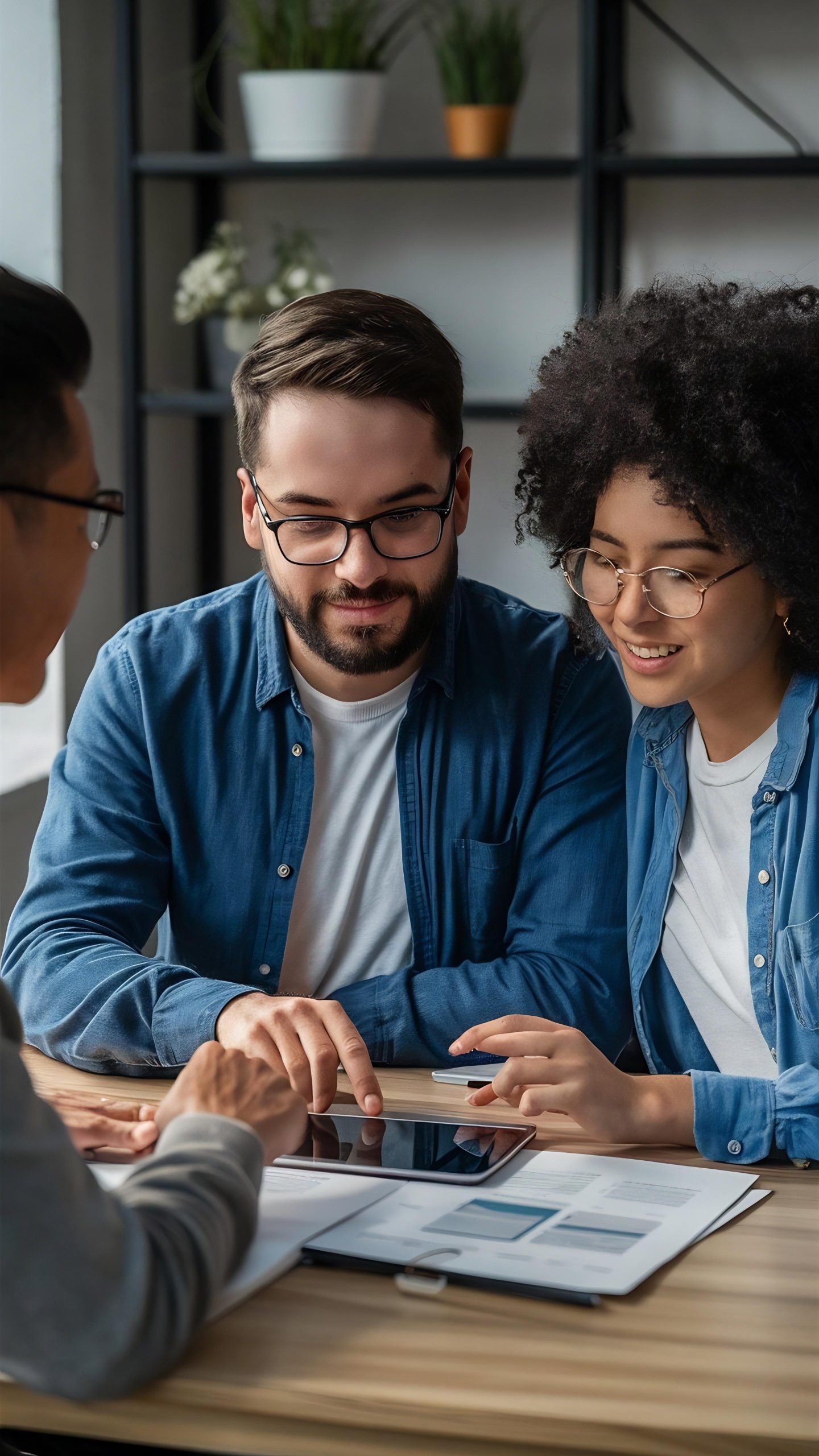 young-couple-using-touchpad-with-insurance-agent-while-making-loan-repayment-plan-meet