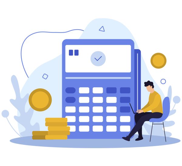 Man sitting near POS-terminal, working on laptop. Online banking, payment for purchases and services with different gadgets. Financial investments and services concept. Flat vector illustration